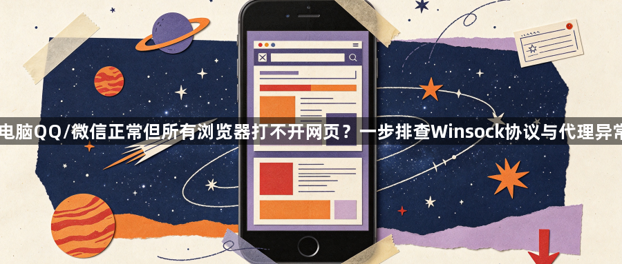 电脑QQ/微信正常但所有浏览器打不开网页？一步排查Winsock协议与代理异常1